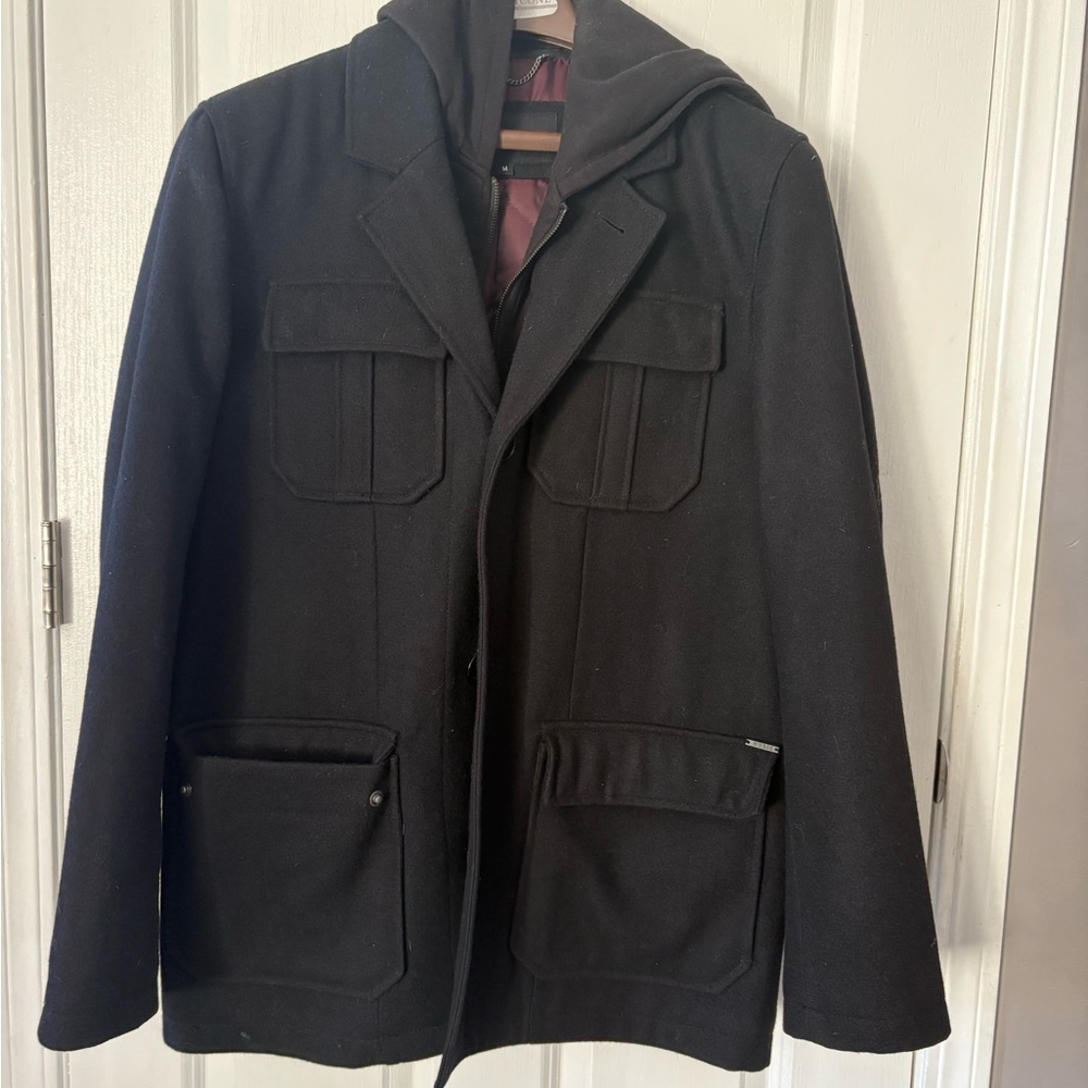Guess Men's Black Wool Hooded Jacket, size medium